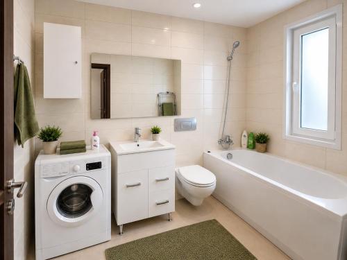 a bathroom with a toilet sink and a washing machine at Green Deluxe Apartment Cosmopolis in Ştefăneştii de Jos