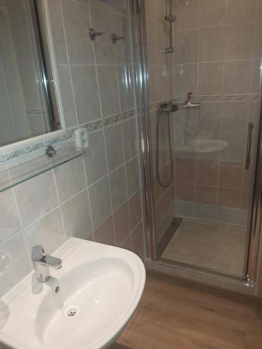 a bathroom with a sink and a shower at Chata nad kúpaliskom in Kováčová