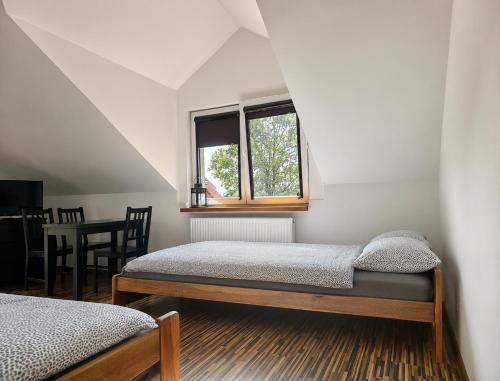 a bedroom with two beds and a window at Agroturystyka Pod Dębem in Czyżówek