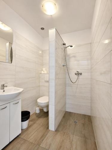a bathroom with a shower and a toilet and a sink at Agroturystyka Pod Dębem in Czyżówek