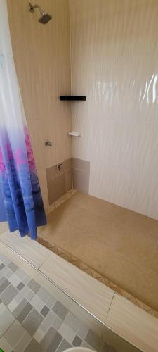 a room with a bed with a blue curtain at Lord's Hands Guesthouse Hotel in Winneba