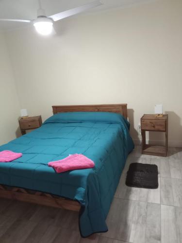 a bedroom with a blue bed with two pink pillows at El último Cartucho in Tandil