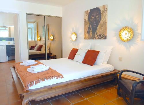 a bedroom with a bed with a mirror at Karpé diem in Saint-François