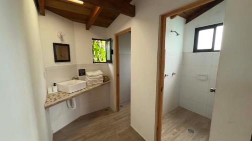a bathroom with a sink and a shower at Hotel Posada La Vereda in Cuetzalán del Progreso