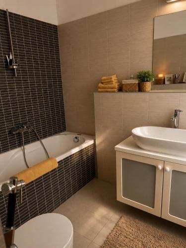 a bathroom with a sink and a tub and a toilet at Villa Igalo Splitska - Private Pool & Sea View in Splitska
