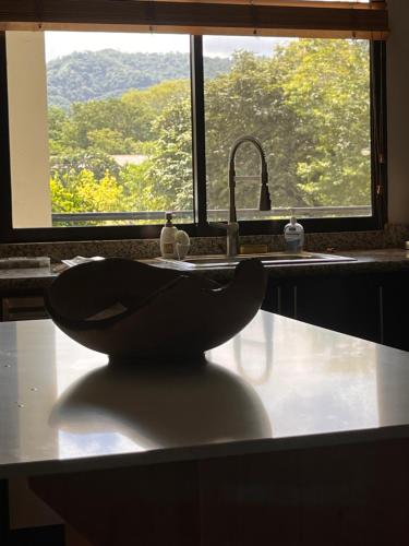 a bowl sitting on a kitchen counter in front of a sink at Paradizio in Coco