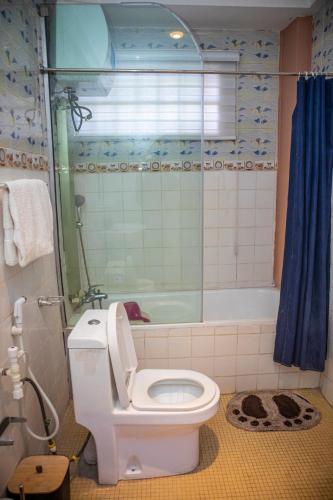 a bathroom with a toilet and a shower and a tub at #5 Apartment in Parma