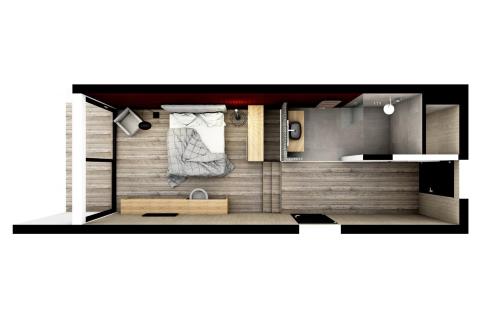 a floor plan of a small room with a bed at Senses Violett Suites - Adults Only in Zell am See