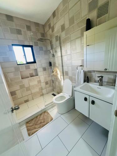 a bathroom with a shower and a toilet and a sink at Luma Residence in San Felipe de Puerto Plata