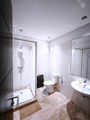 a bathroom with a toilet and a sink and a shower at Cozy Beach Apartment Diar Mansour Rabat in Rabat