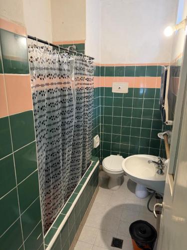 a bathroom with a shower and a toilet and a sink at Malibu in Termas de Río Hondo