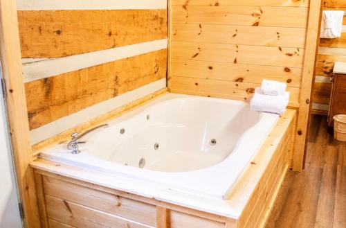 a bathroom with a tub in a wooden wall at Beary Cozy- Tiny Cabin Getaway! in Sevierville