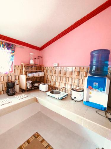 a kitchen with pink walls and a counter top at Tugbongan North Siargao in Burgos