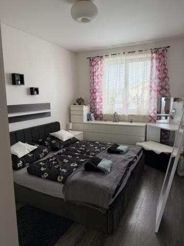 a bedroom with a large bed and a window at Apartmán Mirka in Nový Šaldorf