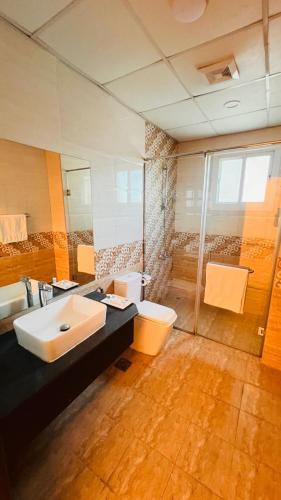 a bathroom with a sink and a toilet and a shower at Amber Tower in Al Ghurayfah
