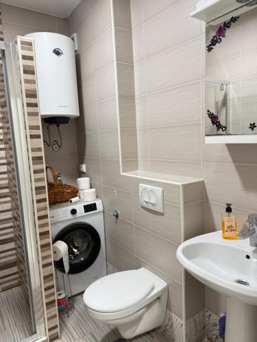a bathroom with a toilet and a sink and a washing machine at Apartman Dunjićeva in Kotor