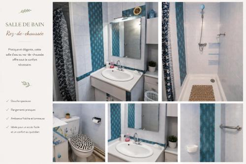 a collage of pictures of a bathroom with a sink and a toilet at Gîte Moulin de l'Anet in Goult