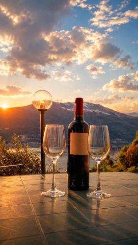 a bottle of wine and two wine glasses on a table at Rustico Verginate in Bellano