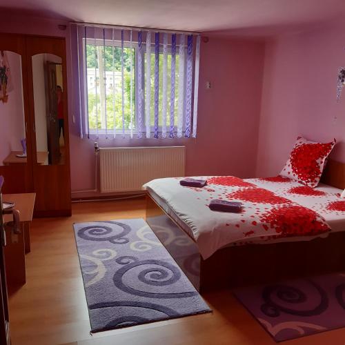 a bedroom with a bed and a window and a rug at CASA IZA in Băile Herculane