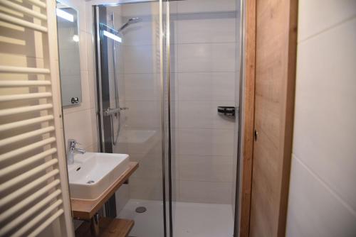 a bathroom with a shower and a sink at Sunseitn Apartments in Gosau
