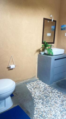 a bathroom with a toilet and a sink and a mirror at Anya's Loft - Sky Stay in Mirissa