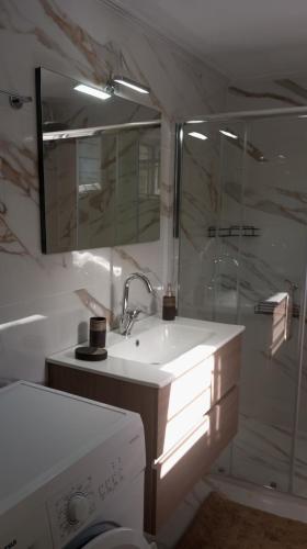 a bathroom with a sink and a shower with a mirror at Earth n' Water in Verga Kalamata