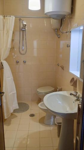 a bathroom with a toilet and a sink and a shower at I Trecento in Padula