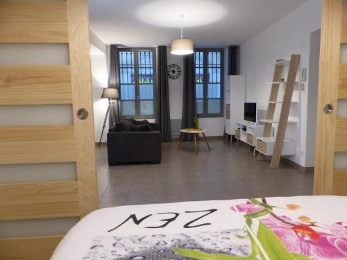 アヴィニョンにあるAppartement Plein Centre Avignonのベッド1台とリビングルームが備わる客室です。