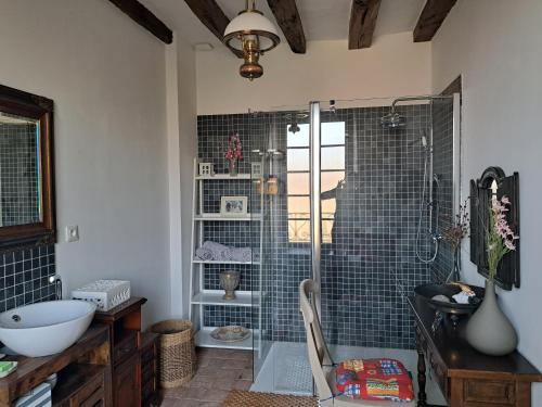 a bathroom with a shower with a glass door at Chambre d'hotes de l'Ecu in Preuilly-sur-Claise