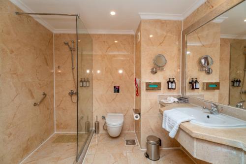 a bathroom with a shower and a toilet and a sink at Sunrise Solara Aqua park Resort in Hurghada