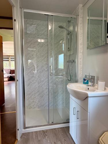 a bathroom with a shower and a sink at Simene cabin in Bridport