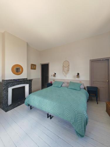 a bedroom with a green bed and a fireplace at Rosemar in Peyriac-de-Mer