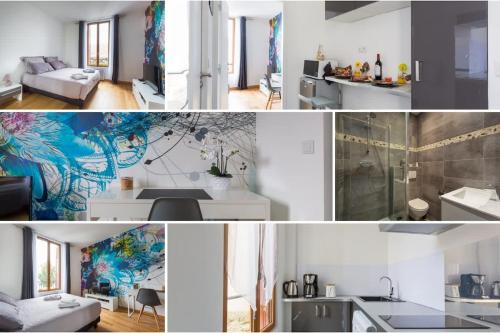 a collage of photos of a kitchen and a living room at The Pearl in Vitry-sur-Seine