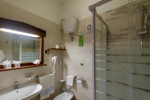a bathroom with a shower and a sink and a toilet at Hotel Stella Del Sud in Calasetta