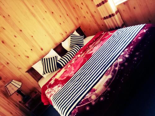 a bedroom with a bed with a red and black blanket at Blue Moon Hotel in Nuwara Eliya