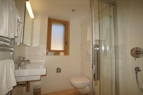 a bathroom with a shower and a toilet and a sink at Posthotel Rössli in Gstaad