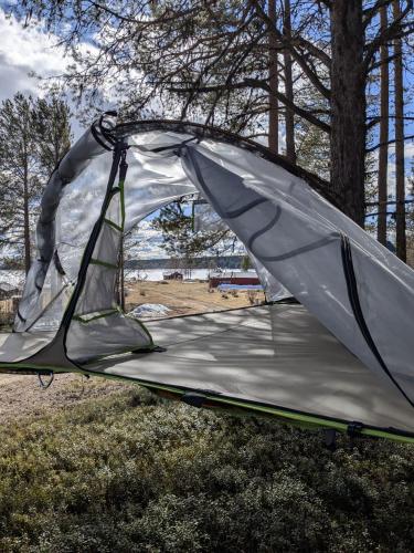 a tent sitting on the grass in a field at The special experience - Treetent in Arjeplog