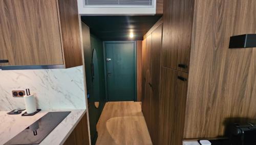 a bathroom with a sink and a green door at Studio Golfe Juan bord de mer - parking & piscine in Vallauris