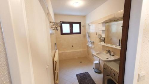 a bathroom with a sink and a shower and a toilet at La Staulette in Queige