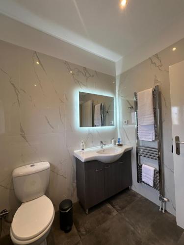 a bathroom with a toilet and a sink at Elia in Marathon