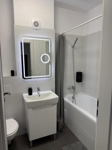 a bathroom with a sink and a toilet and a bath tub at Sterling House in Timişoara