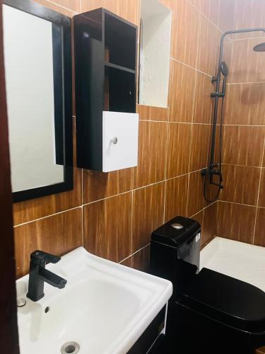 a bathroom with a sink and a toilet and a mirror at Chez Pauline in Sainte Marie