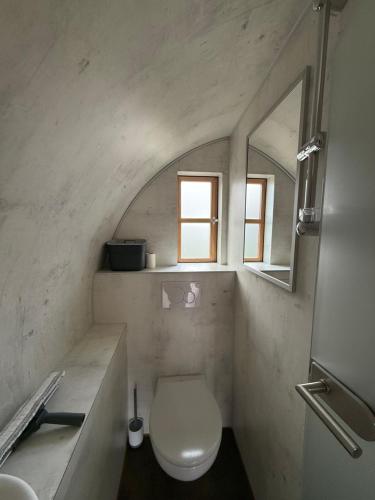 a bathroom with a toilet and a sink and a mirror at Schaumburger Fass in Rinteln