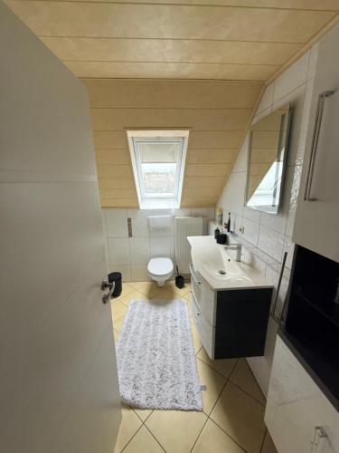 a bathroom with a toilet and a sink and a window at An der Elbaue in Pirna