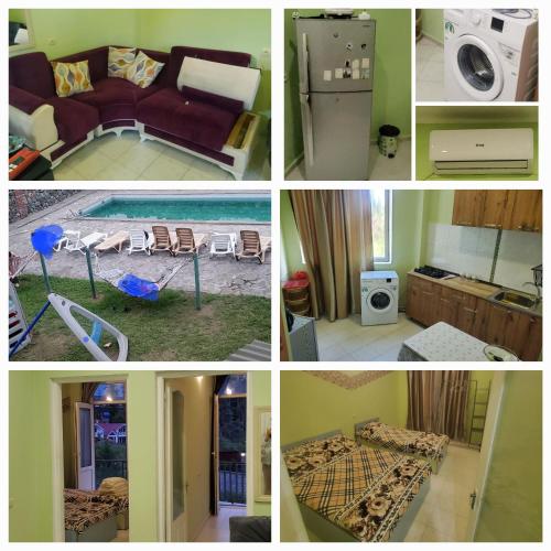 a collage of pictures of a living room and a pool at old house ureki in Ureki