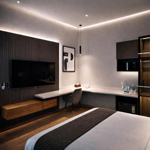 a bedroom with a bed and a desk and a television at The Cozy Chaos - Spa Jacuzzi -Private Terrace - Taj Mahal in Agra
