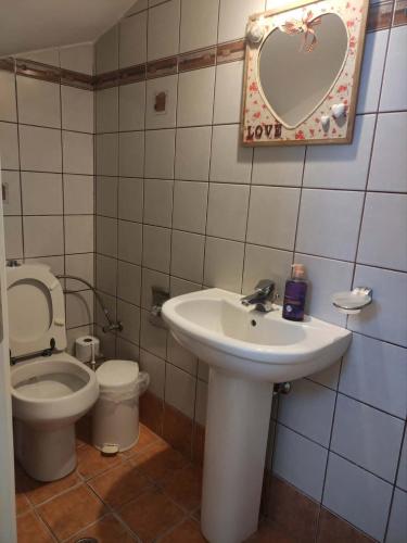 a bathroom with a sink and a toilet and a mirror at Pera Horio House in Apérathos