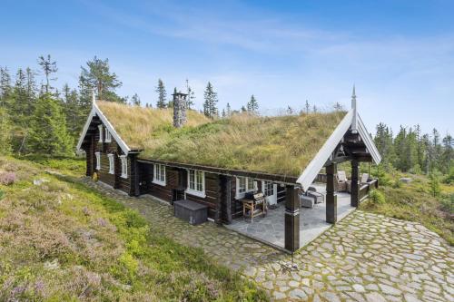 a house with a grass roof with a patio at Orreleiken in Åmot