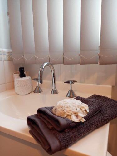 a kitchen counter with a sink with a towel on it at Beach & Forest Stay in Port Arthur