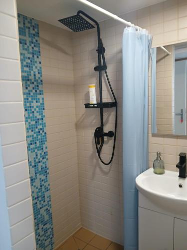 a bathroom with a shower curtain and a sink at Pension Ambiente in Mühlberg